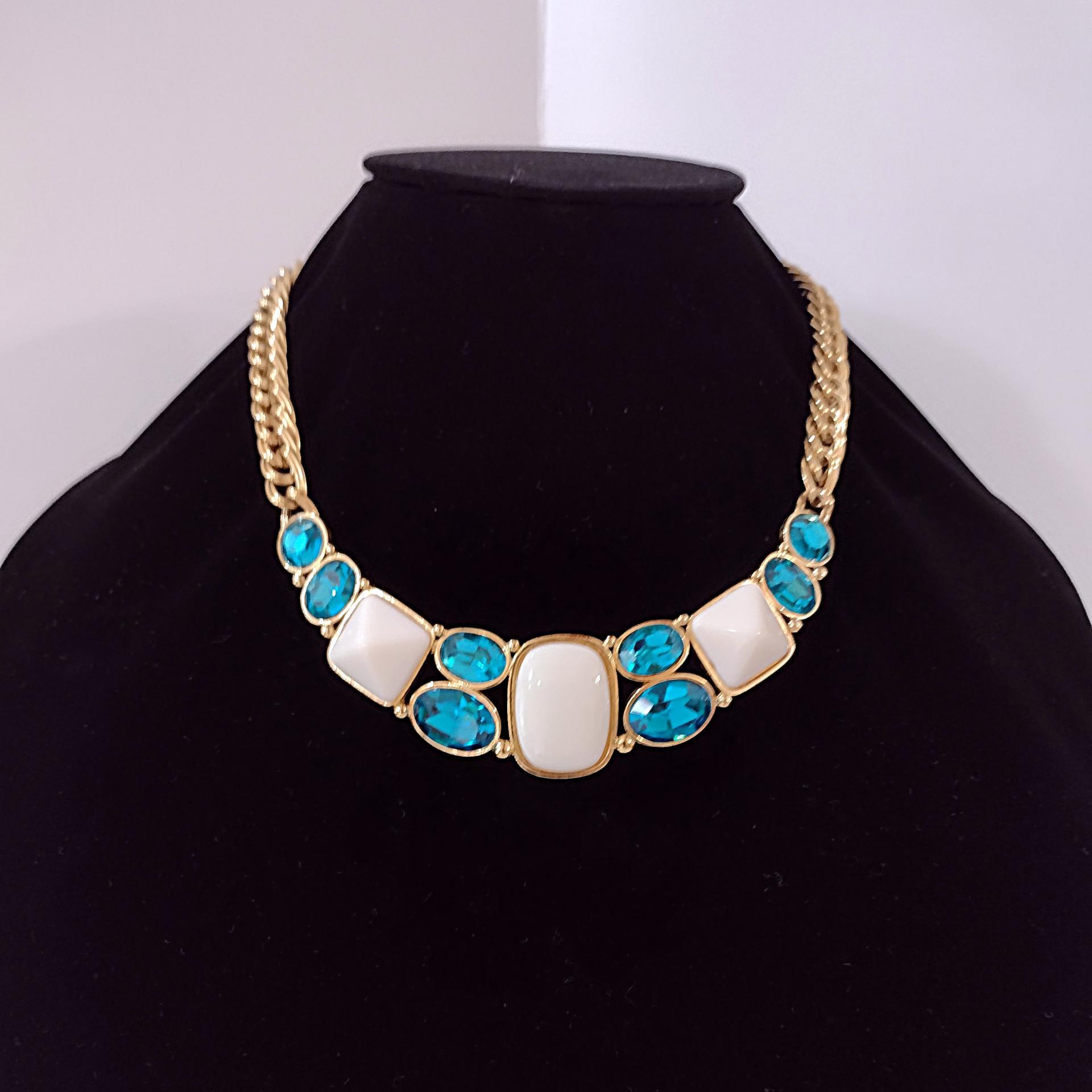 Vintage Yves Saint Laurent Crescent Moon Necklace, YSL Aqua Blue Jewel and White Resin Cabochons with Gold Tone Wheat Link Chain