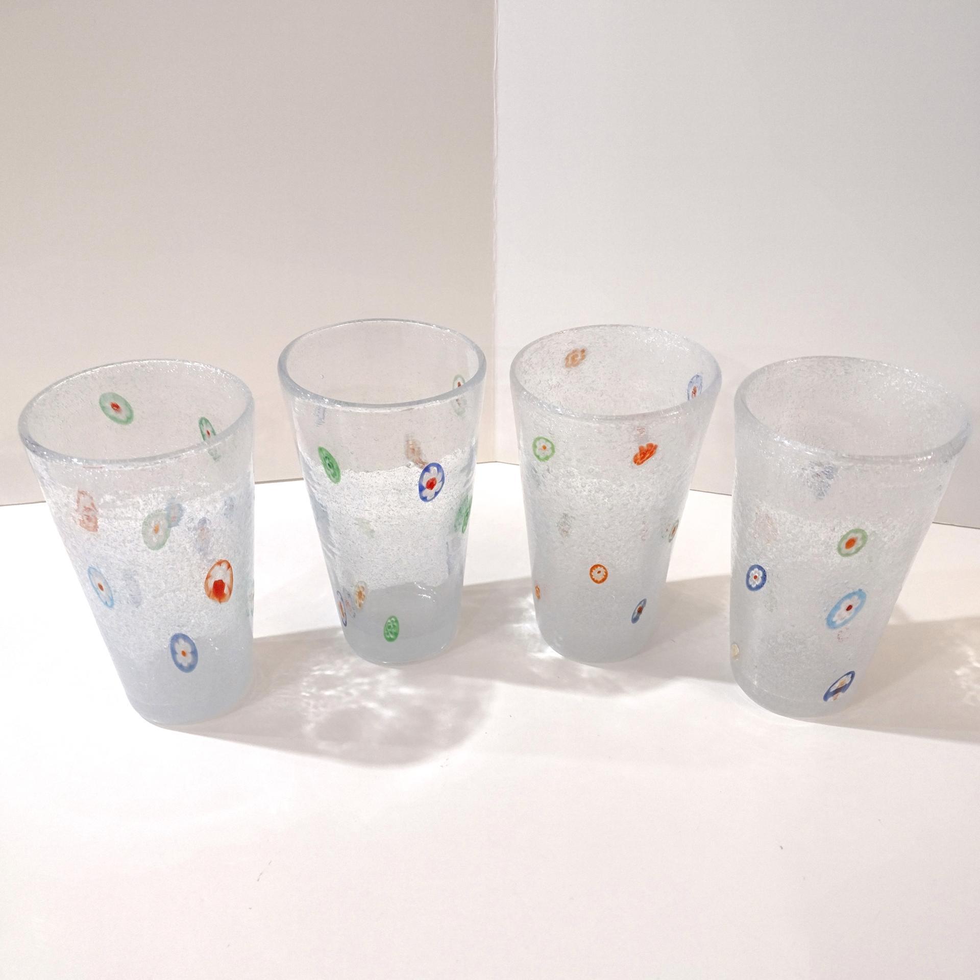 Vintage Hand Blown Millefiori Bubble Glass Highball Tumblers, Set of Four, Crate and Barrel Zazz Glasses