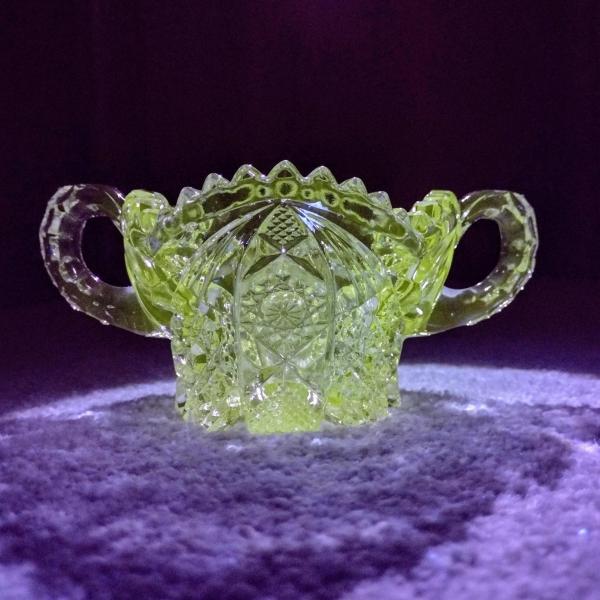 Vintage Antique Imperial Nucut Glass Sugar Bowl, Double Handled Clear Glass Sugar Bowl, UV Reactive Manganese Glass