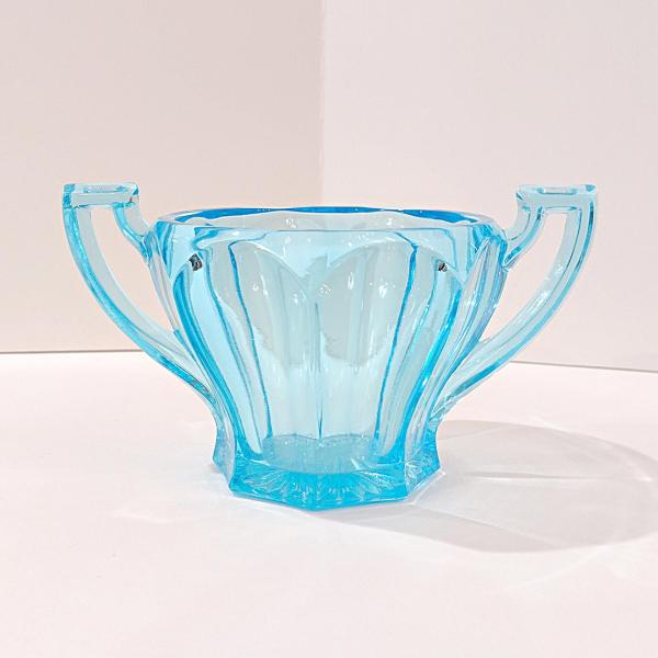 Vintage Westmoreland 1776 Colonial Aqua Blue Sugar Bowl, UV Reactive Glassware