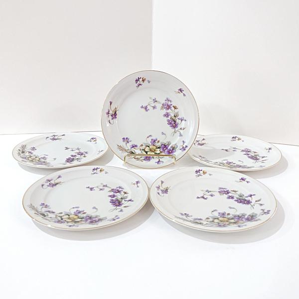 Vintage Meito Adele Orleans Shape Bread Appetizer Plates, Set of 5, Purple and Yellow Violets Floral Design China