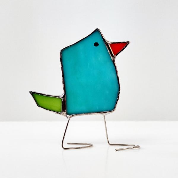Stained Glass Standing Bird, Funky Glass Bird, Aqua Blue and Green Bird Suncatcher, Windowsill Free Standing Bird