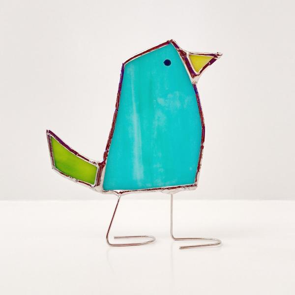 Stained Glass Standing Bird, Funky Glass Bird, Aqua Blue and Green Bird Suncatcher, Windowsill Free Standing Bird