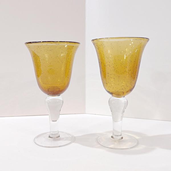 Vintage Hand Blown Amber Bubble Glass Wine Water Goblets, Set of 2