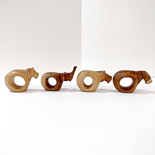 Vintage Carved Wooden Safari Animal Napkin Rings, Set of Four, Elephant Hippo Lion Tiger