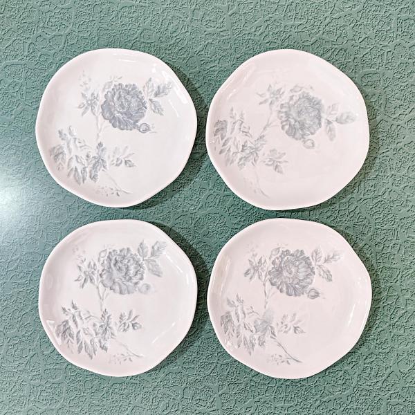 Vintage Blue Gray Rose Ceramic Appetizer Plates, Set of 4, Grace Mitchell Floral Cocktail Plates