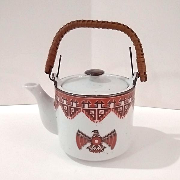 Vintage Southwestern Aztec Ceramic Teapot with Wicker Wrapped Wire Handle