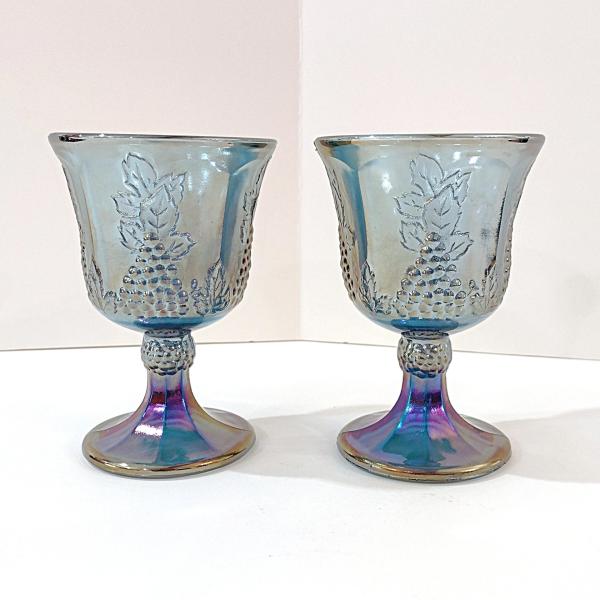 Vintage Indiana Glass Colony Harvest Blue Carnival Glass Wine Water Goblets, Set of 2