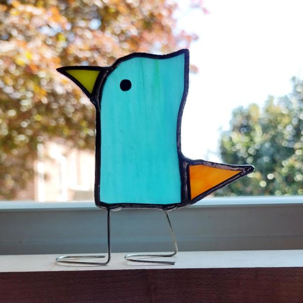 Stained Glass Standing Bird, Funky Glass Bird, Aqua Blue and Orange Bird Suncatcher