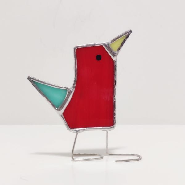 Stained Glass Standing Bird, Funky Glass Bird, Cardinal Red and Blue Bird Suncatcher