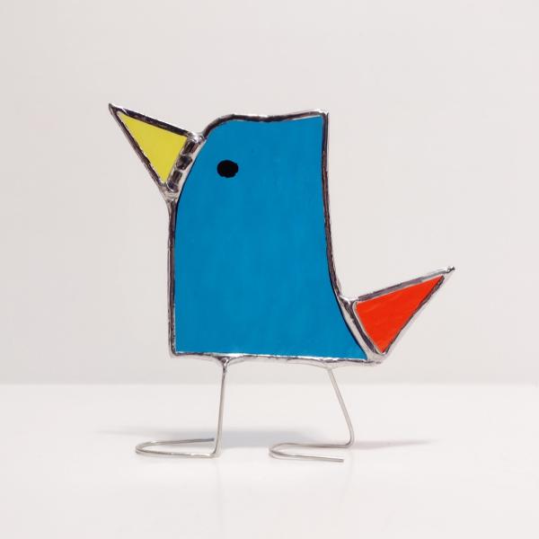 Stained Glass Standing Bird, Funky Glass Bird, Turquoise Blue and Orange Bird Suncatcher