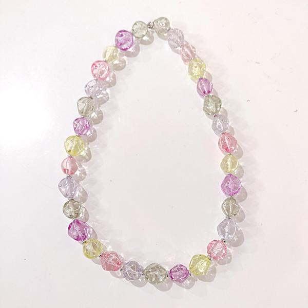 Vintage Chunky Pastel Crackle Bead Necklace, Pink Yellow Purple Green Clear Lucite Beads