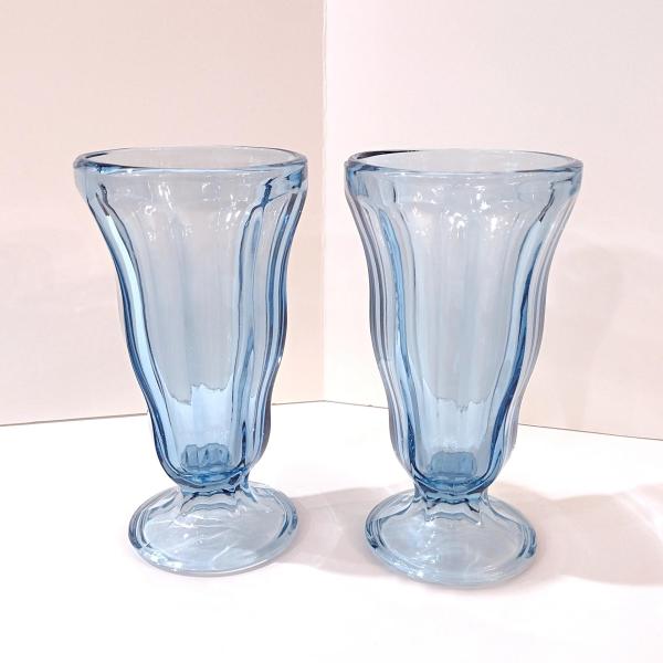 Vintage Anchor Hocking Light Blue Soda Fountain Glasses: Retro Milkshake Sundae Set of Two