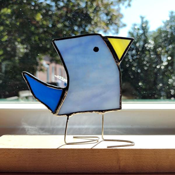 Stained Glass Standing Bird, Funky Glass Bird, Blue Iridescent Bird Suncatcher, Windowsill Sitter Free Standing Bird