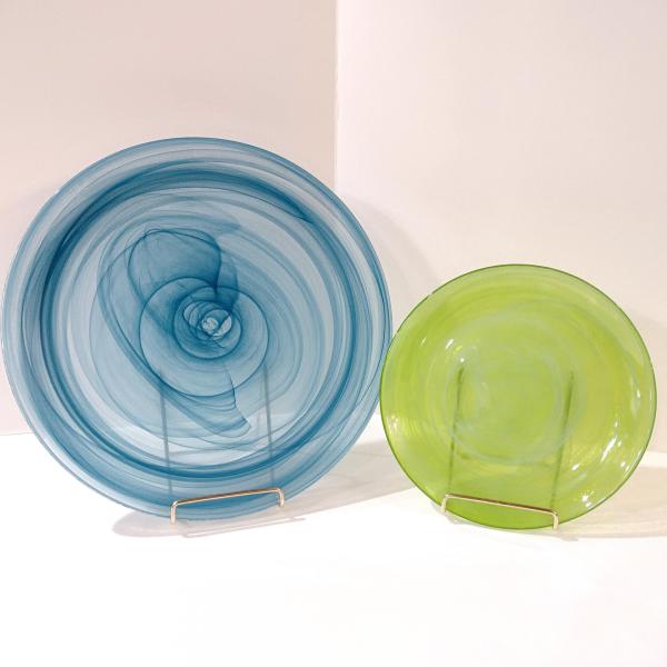  Vintage Turkish Blue and Green Swirl Glass Plates, Set of Two, Blue Glass Dinner Plate, Green Glass Salad Plate