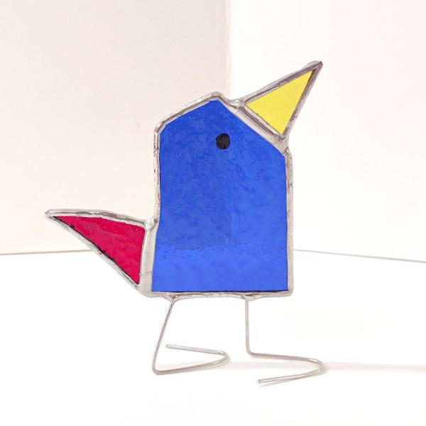 Stained Glass Standing Bird, Funky Blue and Red Glass Bird Suncatcher, Bird Lover Gift, Windowsill Sitter