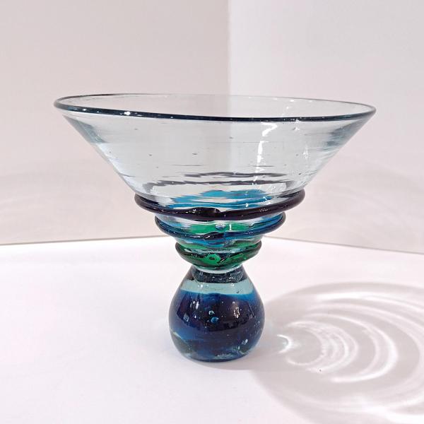 Vintage Mexican Hand Blown Martini Cocktail Glass with Blue and Green Glass Ribbons and Ball Base