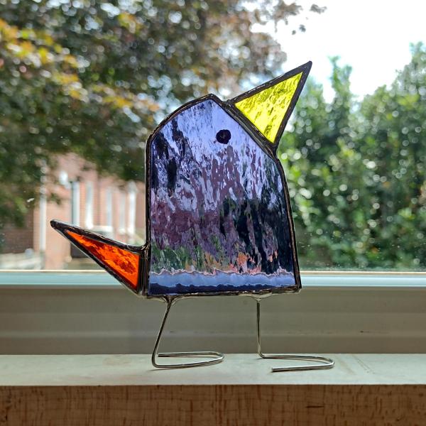 Stained Glass Standing Bird, Funky Purple and Orange Glass Bird Suncatcher, Bird Lover Gift, Windowsill Sitter