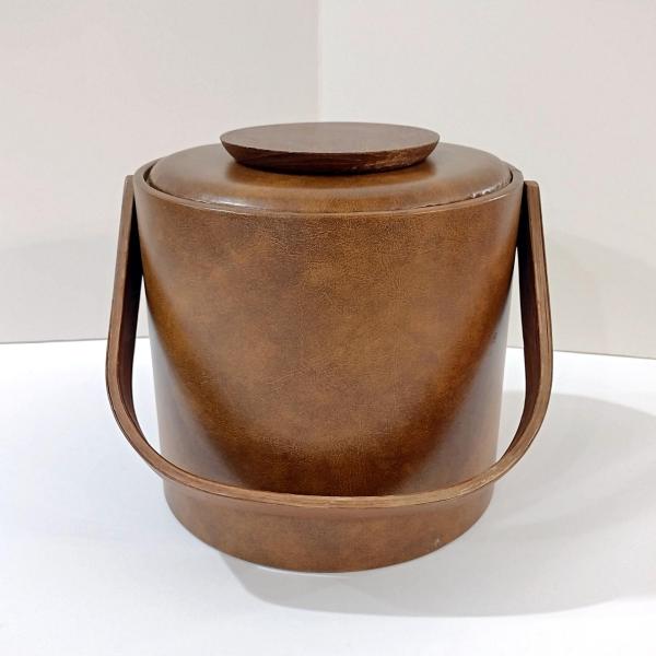 Vintage Georges Briard Faux Leather Vinyl Insulated Ice Bucket with Wooden Handle, 1970's Retro Barware