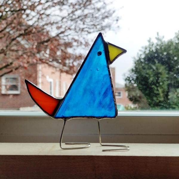 Stained Glass Standing Bird, Funky Glass Bird, Blue and Orange Bird Suncatcher, Windowsill Free Standing Bird