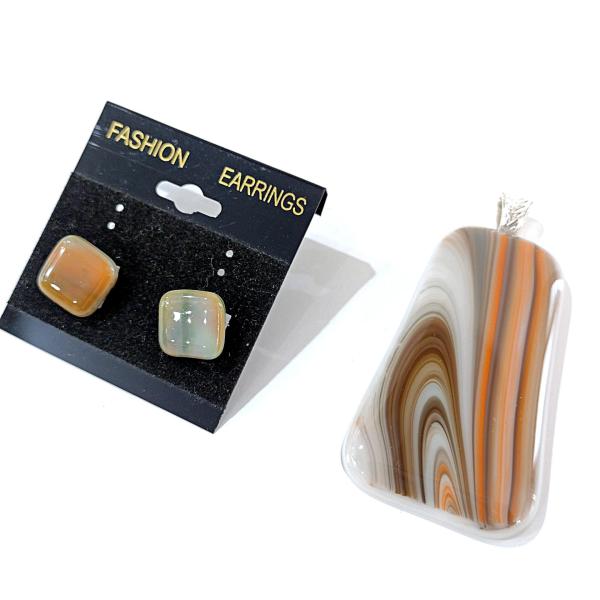 Fused Glass Orange and White Swirled Pendant and Earring Set
