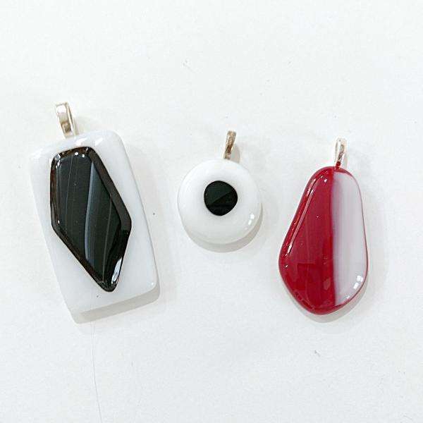 Set of 3 Fused Glass Pendants, Black White Red Art Glass Pendant Charms