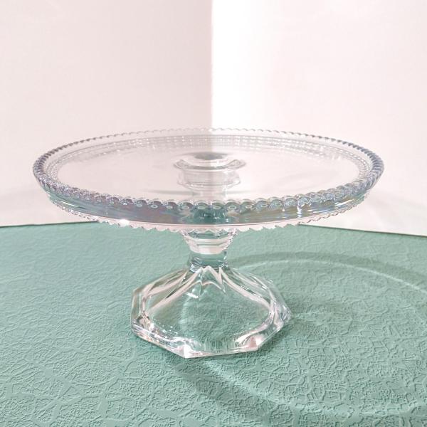 Antique Heisey Puritan 341 Clear Pressed Glass Pedestal Cake Stand with Beaded Lip, Vintage EAPG Pastry Dessert Display Plate