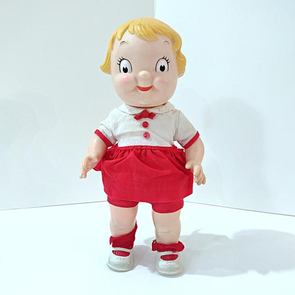 Vintage 1960's Campbells Soup Kids Doll with Red and White Dress, Poseable Campbell's Kids Blonde Girl Doll