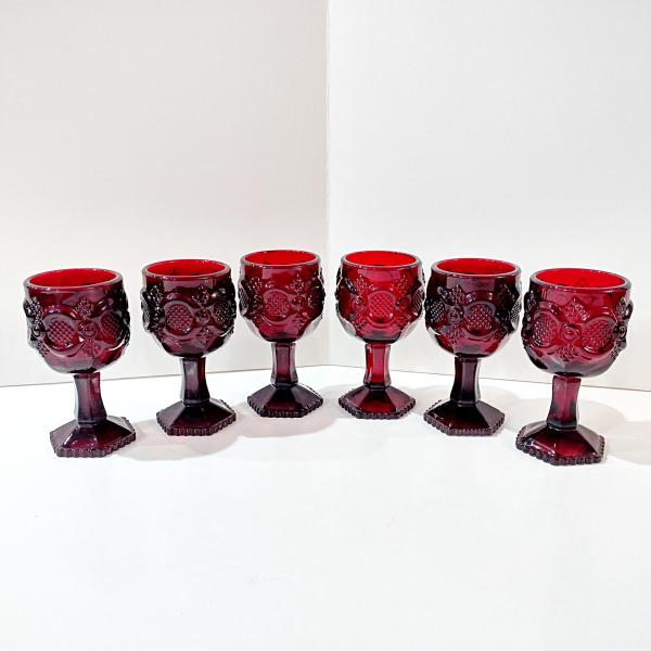 Vintage Avon 1876 Cape Cod Ruby Red Small Wine Glasses, Set of 6, Aperitif Cordial Sherry Port Wine Glasses, Holiday Christmas Glassware