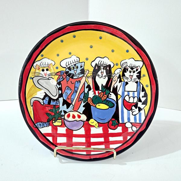 Vintage Candace Reiter Catzilla Cooking Chef Cats Ceramic Plate, Whimsical Cat 8 Inch Plate