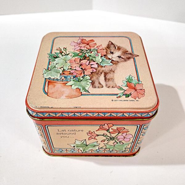 Vintage 1977 Hallmark Kitten Cat and Flowers Square Metal Storage Tin, Cat Treat Container
