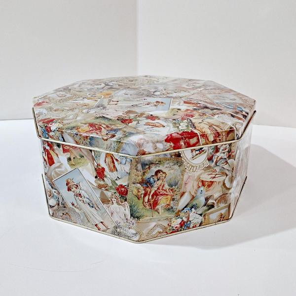 Vintage Victorian Cherub and Angel Octagonal Metal Tin Box, Large Romantic Storage Container