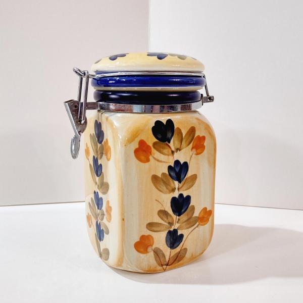 Vintage Tuscan Style Painted Ceramic Clamp Lid Jar, Airtight Cannister Storage Container