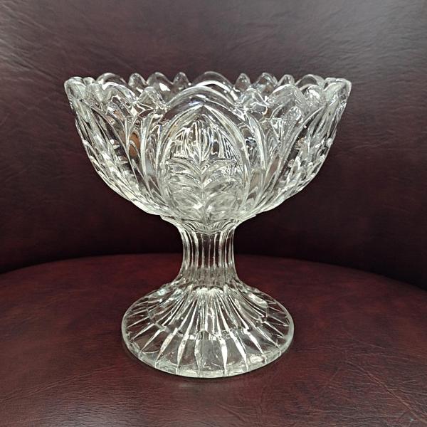 Antique Footed Cut Crystal Glass Compote, Vintage UV Reactive Glowing Glass Bowl