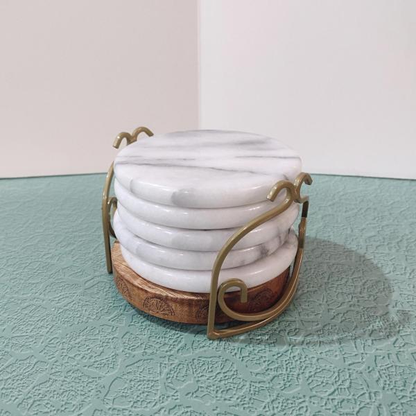 Vintage White Marble Coasters with Holder, Set of Five