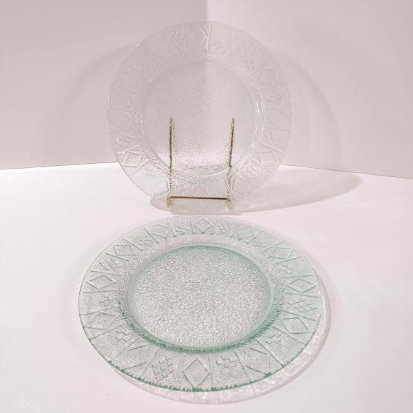 Vintage Green Glass Geometric Design Dinner Plates, Set of Two, Multiple Sets Available