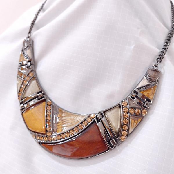 Vintage Enamel and Rhinestone Crescent Moon Metal Necklace, Brown and Amber Earth Tone Statement Necklace
