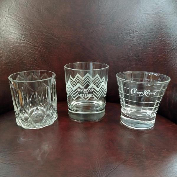 Vintage Crown Royal and Disaronno Whiskey Rocks Glasses, Set of Three, Collectible Logo Lowball Glasses