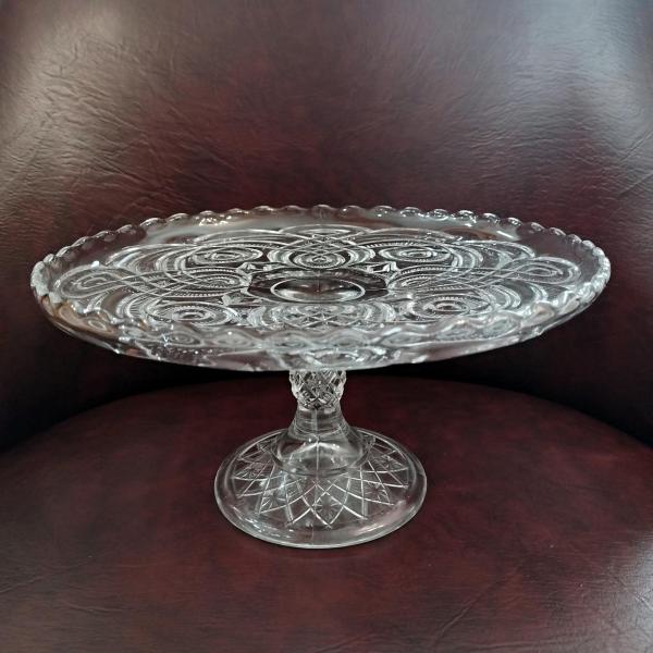 Antique Bryce Higbee Curlicue 9 1/2 In Clear Pressed Glass Pedestal Cake Stand with Scalloped Lip, Vintage EAPG Pastry Dessert Display Plate