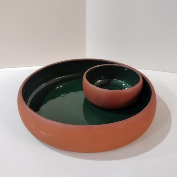 Vintage Terra Cotta and Green Ceramic Chip and Dip Bowl, Bortner and Bortner LTD Pottery