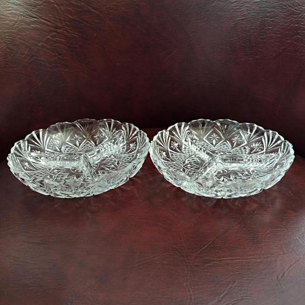 Vintage Clear Pressed Glass Divided 3 Section Sauce Relish Bowls, Set of 2, Pineapple and Crisscross Design