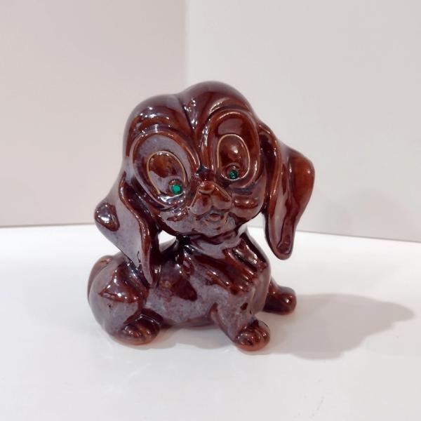 Vintage Ceramic Redware Brown Puppy Dog Figurine with Green Eyes