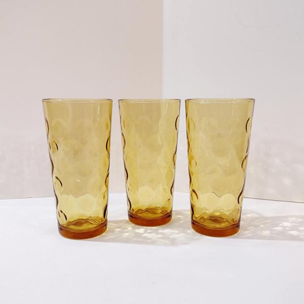Vintage Hazel Atlas Eldorado Gold Flat Tumblers, Set of 3, MCM Retro Amber Drinking Glasses