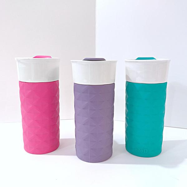 Ello Ogden Ceramic Travel Mugs, Set of 3, Purple Pink Teal Aqua Blue Ello Silicone Sleeve Cups with Lids
