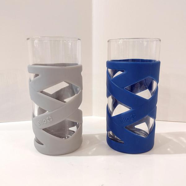 Vintage Ello Tallboy Glasses, Set of Two, Silicone Sleeve Bumper Glasses, Blue and Grey Ello 16 ounce Easy Grip Non-Slip Glasses