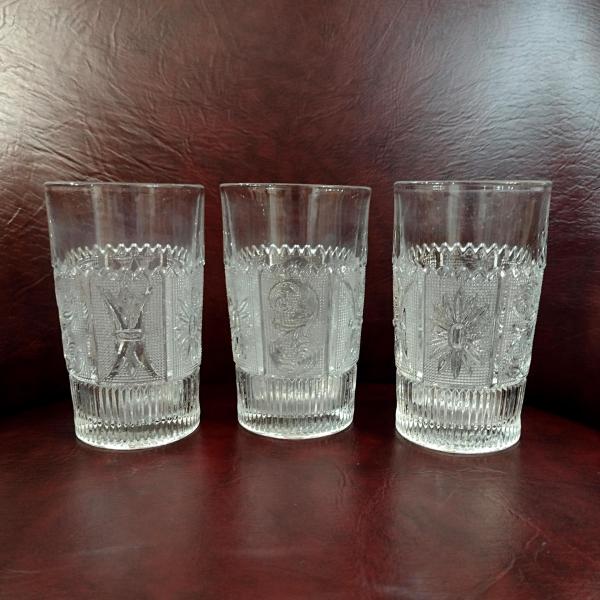 Vintage Westmoreland Princess Feather Clear 9 Ounce Flat Tumblers, Set of Three, EAPG Drinking Glasses, Manganese Glass, UV Reactive Glass
