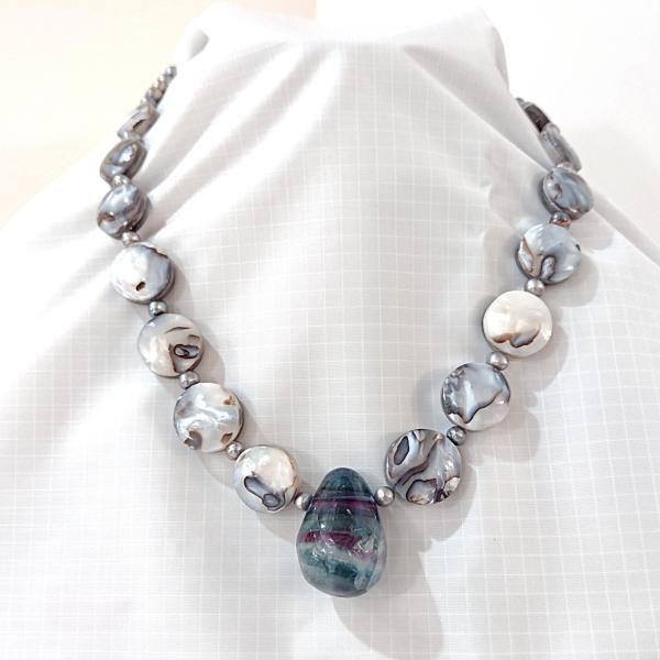 Vintage Rainbow Fluorite and Mother of Pearl Necklace