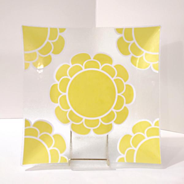 Vintage Colony Indiana Glass Yellow Flower Square Glass Platter, MCM 1960's Servingware