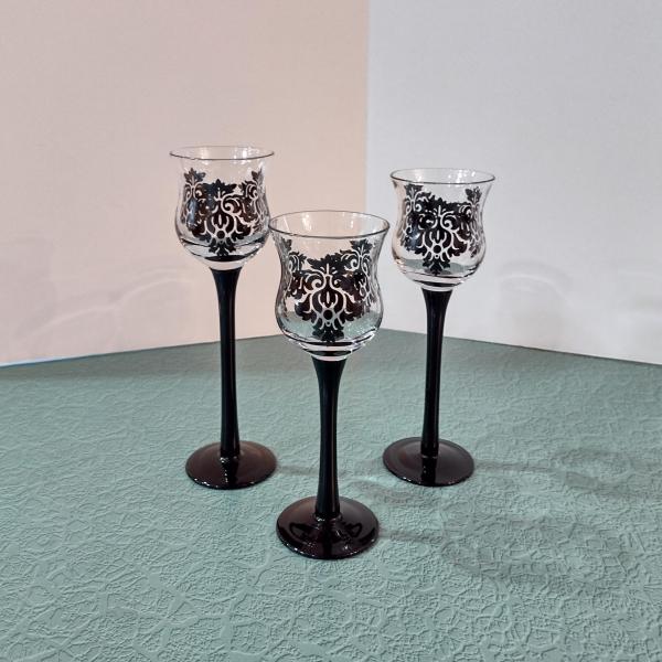 Partylite Forbidden Trio P91307 Stemmed Black Damask Votive Candle Holders, Set of Three, Discontinued Partylite Pattern