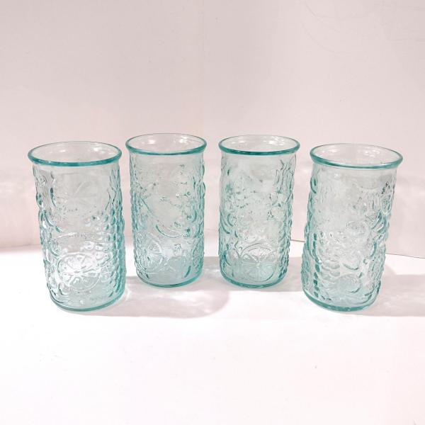 Vintage Italian Vetreria Etrusca Green Recycled Glass Fruit Design Tumblers, Set of Four, 16 Ounce Drinking Glasses